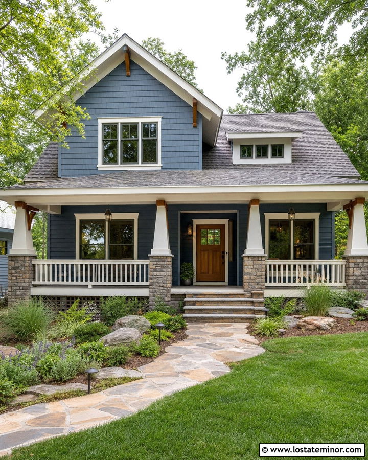 Denim Blue Craftsman House With Mixed Gray Shingles - 30 Denim Blue House Design With Shingles Ideas