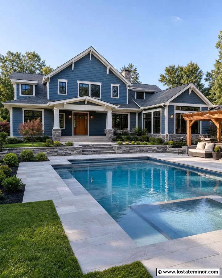 Denim Blue Craftsman House With Pool And Wood Door - 30 Denim Blue House Design With Swimming Pool Ideas