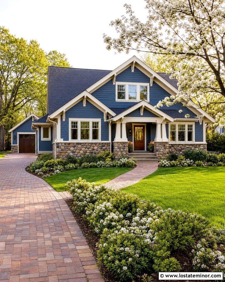 Denim Blue Craftsman With Brick Paver Driveway - 30 Denim Blue House Design With Driveway Ideas