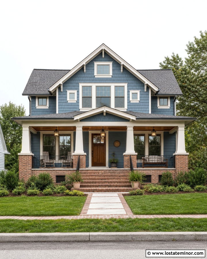 Denim Blue Craftsman With Brick Porch - 30 Denim Blue House Design With Brick Accents Ideas