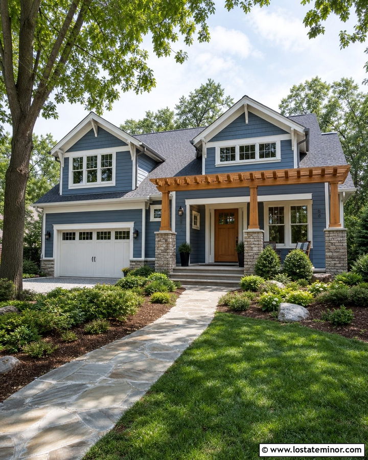 Denim Blue Craftsman With Cedar Pergola - 30 Denim Blue House Design With Pergola Ideas