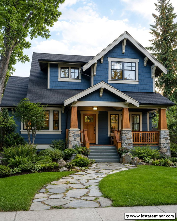 Denim Blue Craftsman With Cedar Railings - 30 Denim Blue House Design With Railings Ideas