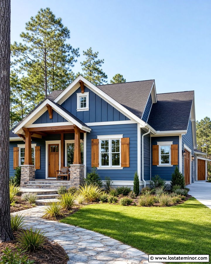Denim Blue Craftsman With Cedar Shutters - 30 Denim Blue House Design With Shutters Ideas
