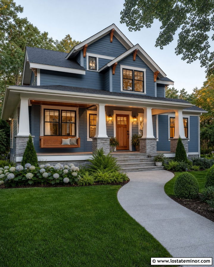 Denim Blue Craftsman With Cedar Swing - 30 Denim Blue House Design With Swing Ideas