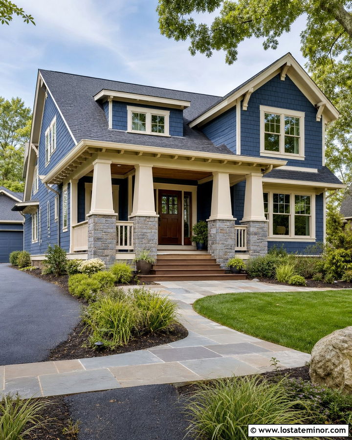 Denim Blue Craftsman With Covered Deck - 30 Denim Blue House Design With Deck Ideas