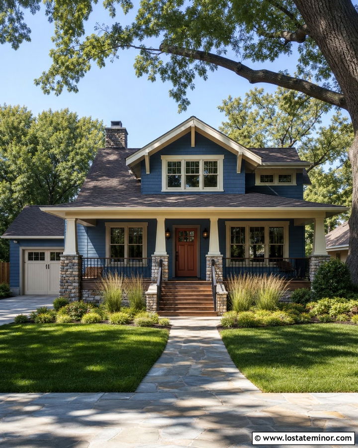 Denim Blue Craftsman With Red Front Door - 30 Denim Blue House Design With Front Porch Ideas
