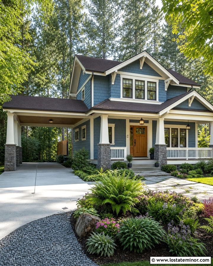 Denim Blue Craftsman With Stone Carport Columns - 30 Denim Blue House Design With Carport Ideas