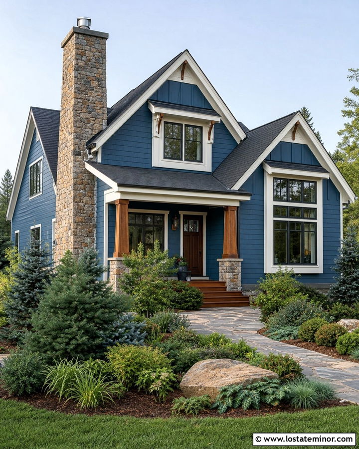 Denim Blue Craftsman With Stone Chimney - 30 Denim Blue House Design With Chimney Ideas