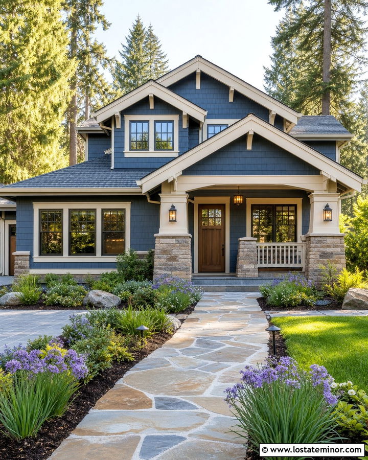 Denim Blue Craftsman With Stone Columns And Native Plants - 30 Denim Blue House Design With Landscaping Ideas