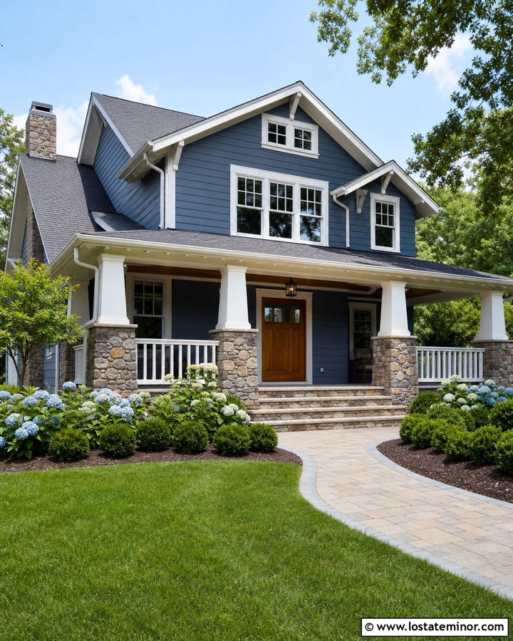 Denim Blue Craftsman With Stone Porch Columns - 30 Denim Blue House Design With Stone Accents Ideas