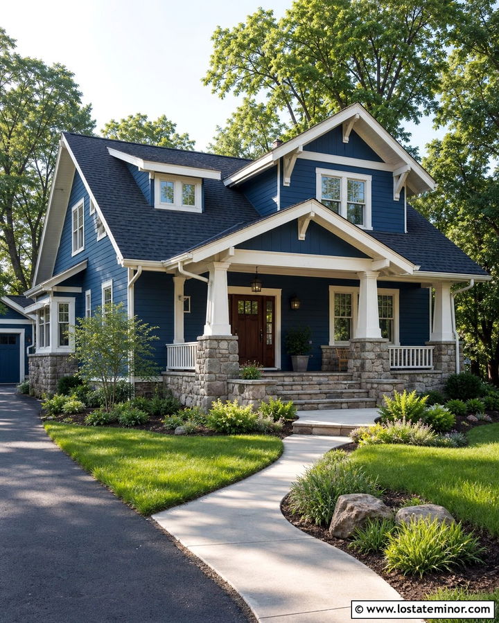 Denim Blue Craftsman With Stone Porch - 30 Denim Blue House Design With Accents Ideas