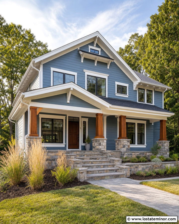 Denim Blue Craftsman With Stone Steps - 30 Denim Blue House Design With Steps Ideas