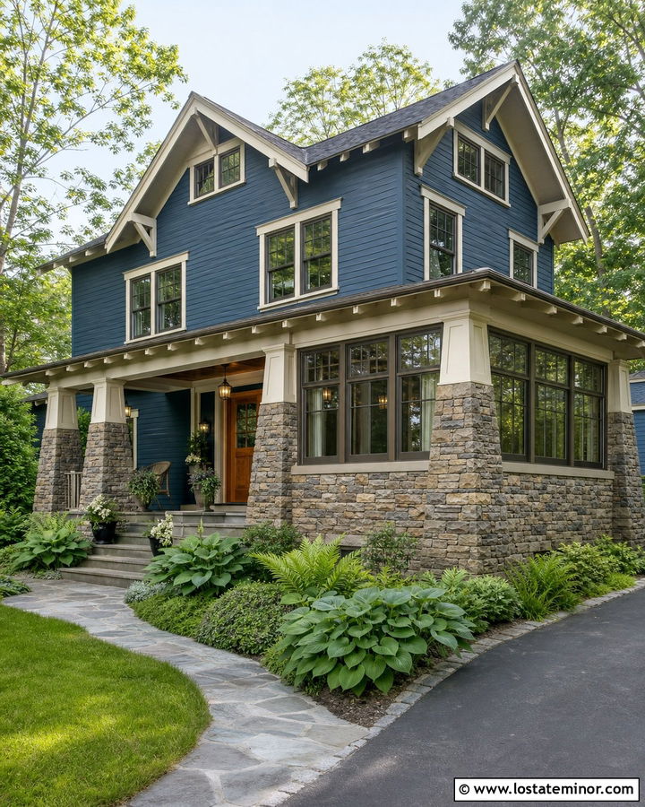 Denim Blue Craftsman With Stone Sunroom - 30 Denim Blue House Design With Sunroom Ideas