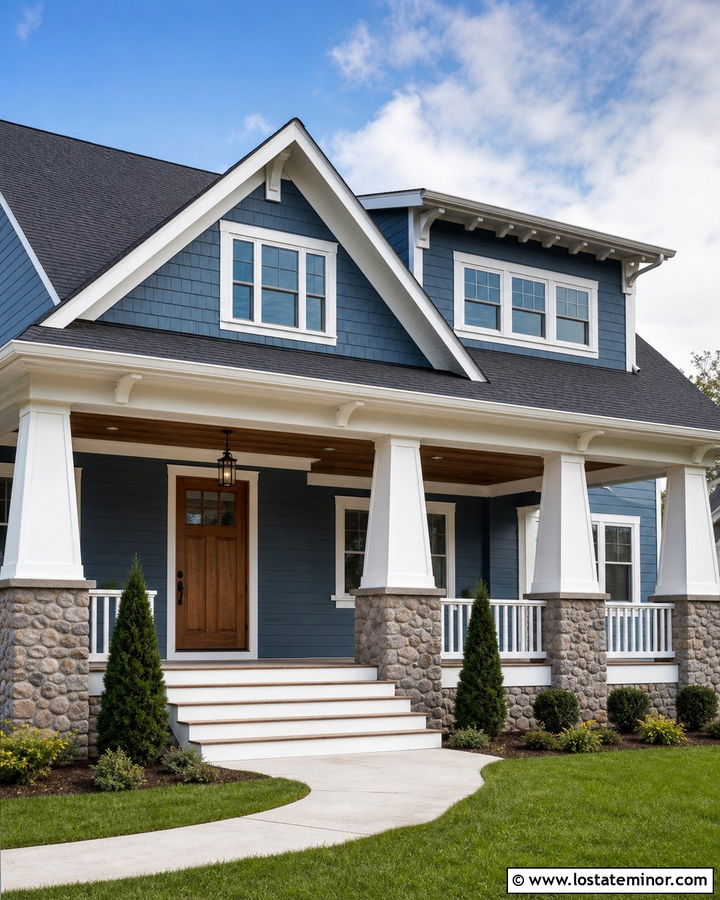 Denim Blue Craftsman With Tapered White Columns - 30 Denim Blue House Design With Porch Columns Ideas