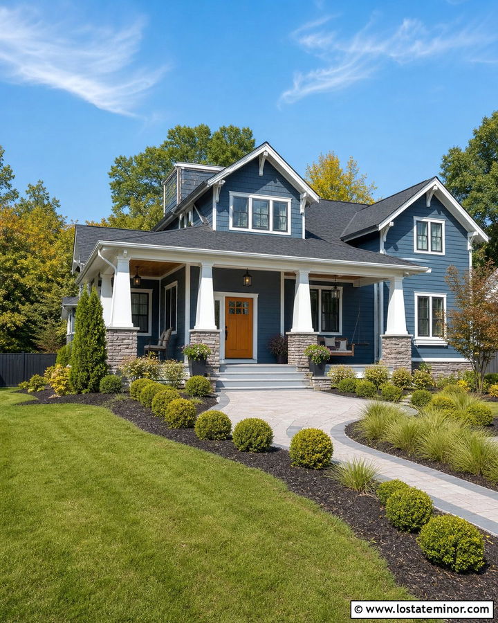 Denim Blue Craftsman With White Porch Columns - 30 Denim Blue House Design With Front Porch Ideas