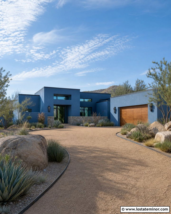 Denim Blue Desert House With Decomposed Granite Driveway - 30 Denim Blue House Design With Driveway Ideas