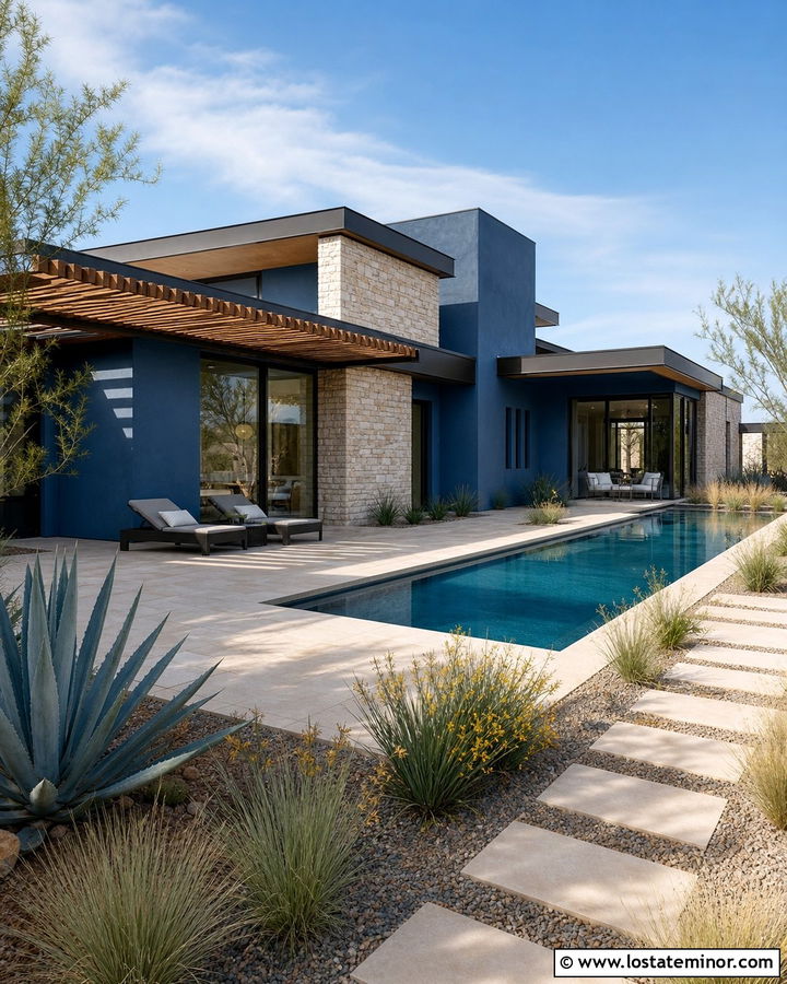 Denim Blue Desert House With Minimalist Pool - 30 Denim Blue House Design With Swimming Pool Ideas