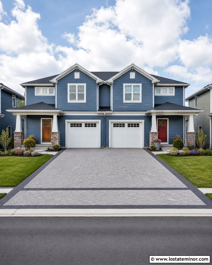 Denim Blue Duplex With Shared Paver Driveway - 30 Denim Blue House Design With Driveway Ideas