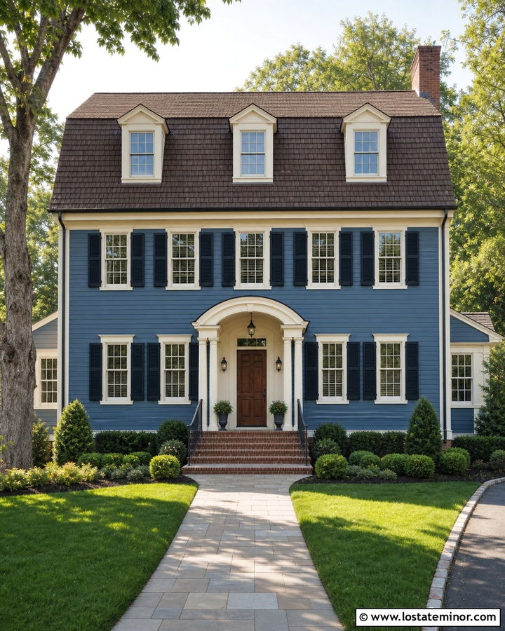 Denim Blue Dutch Colonial With Brown Shingles - 30 Denim Blue House Design With Shingles Ideas