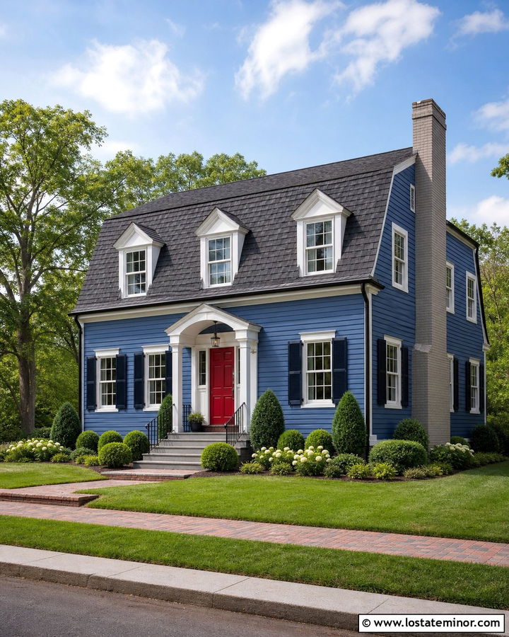 Denim Blue Dutch Colonial With Painted Brick Chimney - 30 Denim Blue House Design With Chimney Ideas