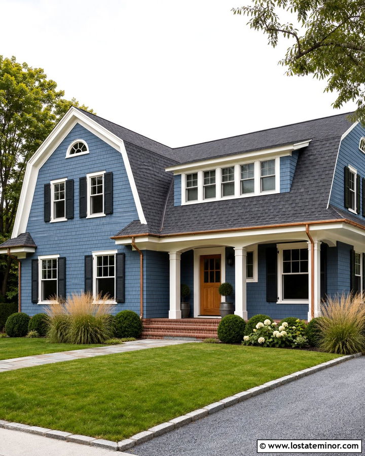 Denim Blue Dutch Colonial With Shed Dormers - 30 Denim Blue House Design With Dormers Ideas