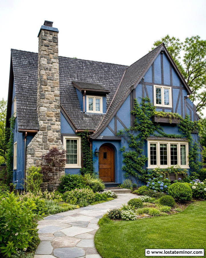Denim Blue English Cottage With Stone Chimney - 30 Denim Blue House Design With Chimney Ideas