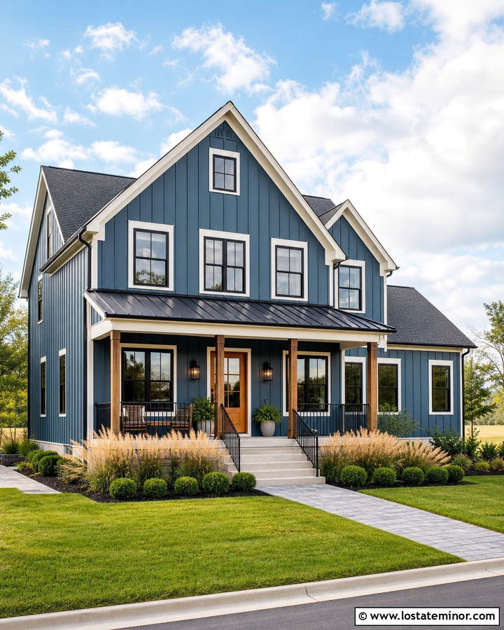 Denim Blue Farmhouse With Black Railings - 30 Denim Blue House Design With Railings Ideas