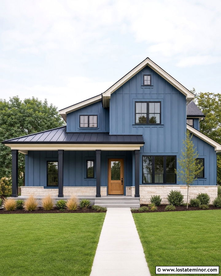 Denim Blue Farmhouse With Black Square Columns - 30 Denim Blue House Design With Porch Columns Ideas