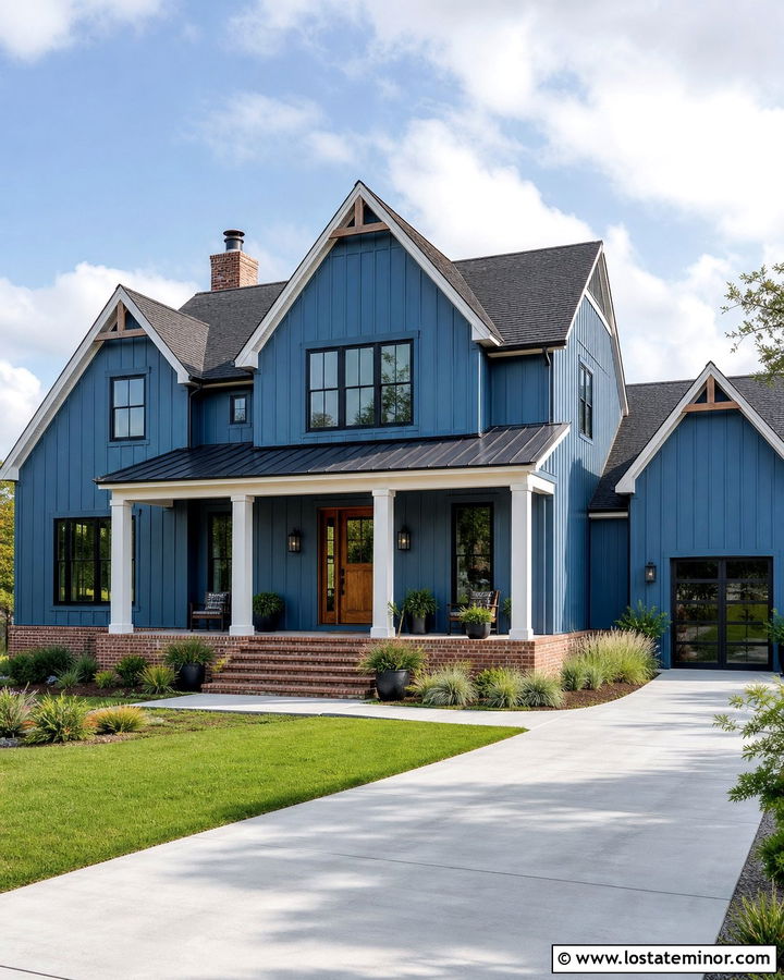 Denim Blue Farmhouse With Brick Skirting - 30 Denim Blue House Design With Brick Accents Ideas