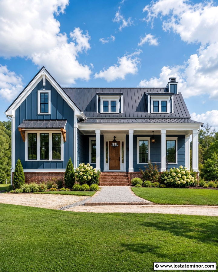 Denim Blue Farmhouse With Brick Steps - 30 Denim Blue House Design With Steps Ideas