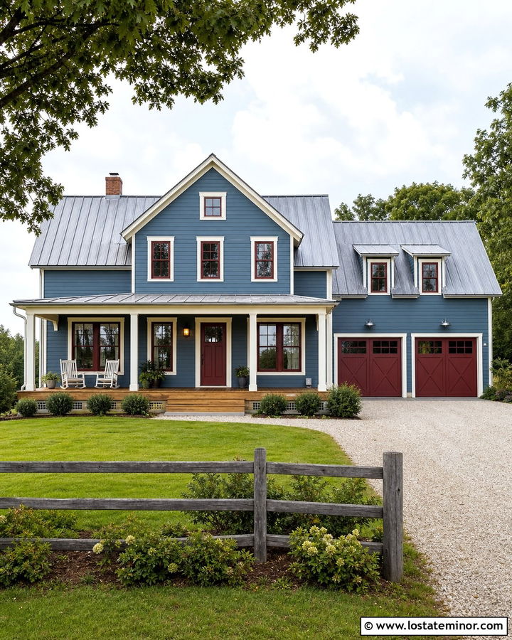 Denim Blue Farmhouse With Burgundy Window Frames - 30 Denim Blue House Design With Window Frames Ideas