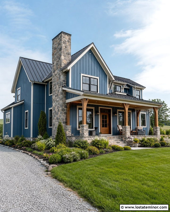 Denim Blue Farmhouse With Fieldstone Chimney - 30 Denim Blue House Design With Chimney Ideas