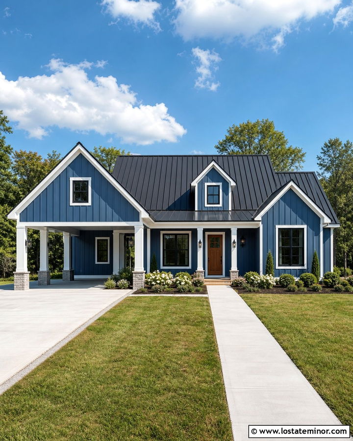 Denim Blue Farmhouse With Gabled Carport - 30 Denim Blue House Design With Carport Ideas