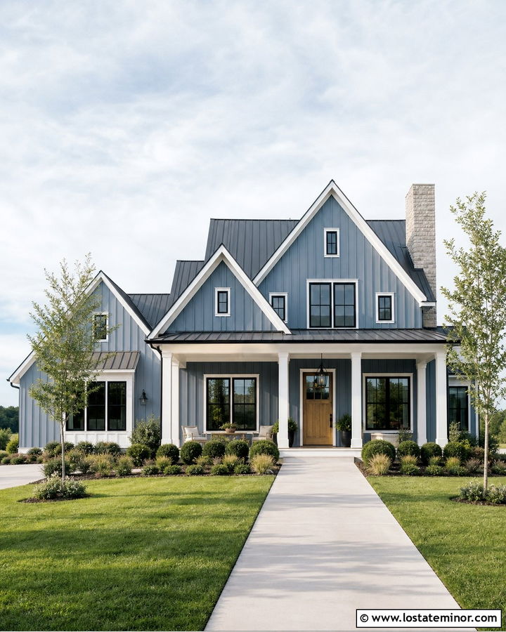 Denim Blue Farmhouse With Gables - 30 Denim Blue House Design With Gables Ideas