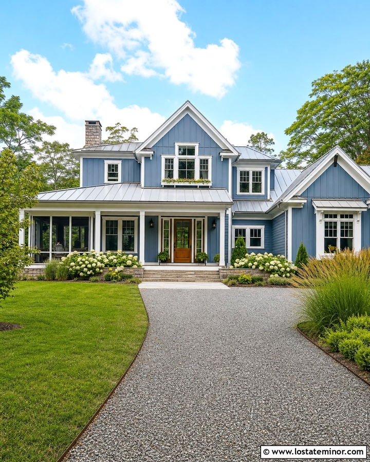 Denim Blue Farmhouse With Gravel Driveway - 30 Denim Blue House Design With Driveway Ideas