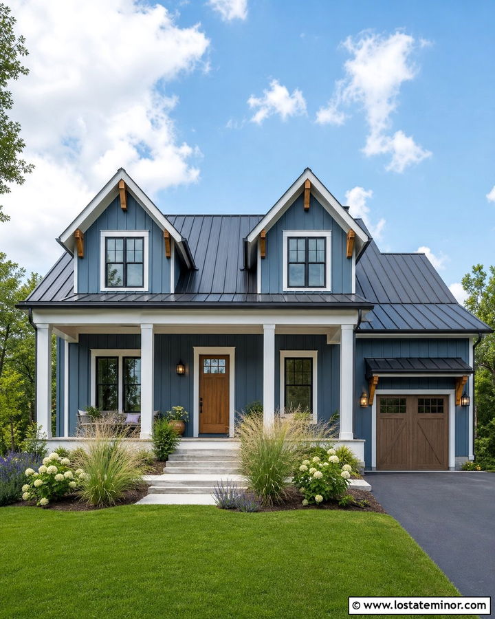 Denim Blue Farmhouse With Metal Roof Dormers - 30 Denim Blue House Design With Dormers Ideas