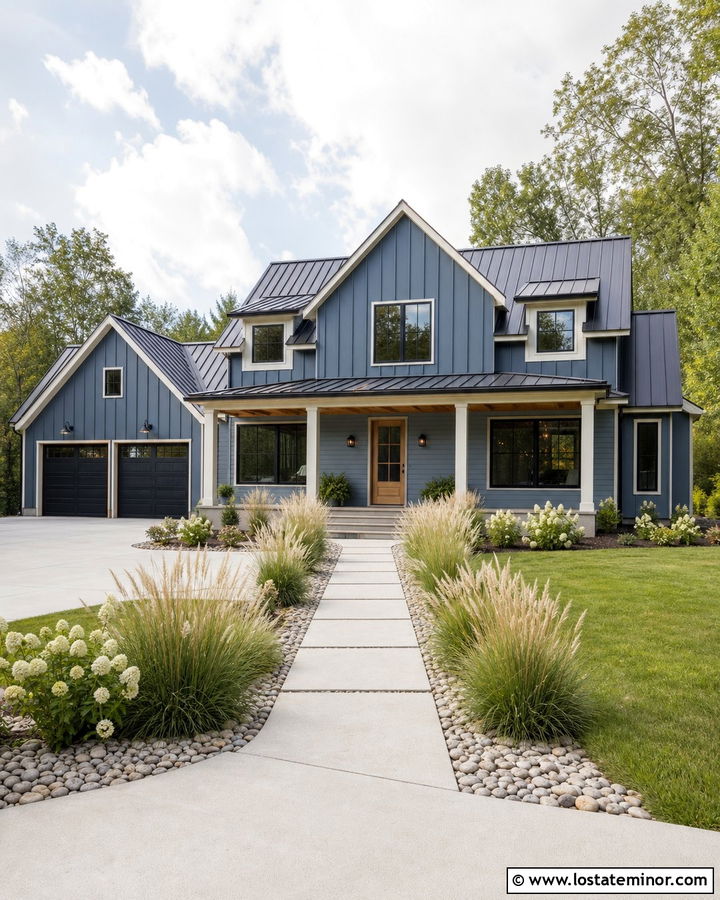 Denim Blue Farmhouse With Natural Wood Door - 30 Denim Blue House Design With Front Porch Ideas
