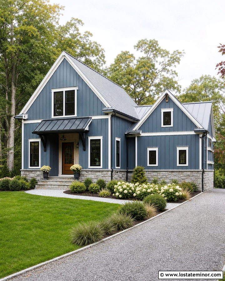 Denim Blue Farmhouse With Standing Seam Awning - 30 Denim Blue House Design With Awning Ideas