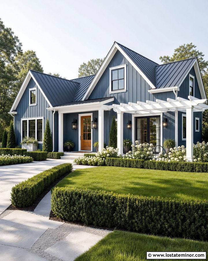 Denim Blue Farmhouse With White Pergola - 30 Denim Blue House Design With Pergola Ideas