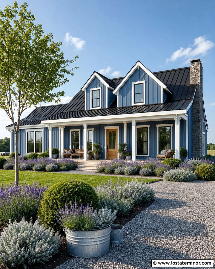Denim Blue Farmhouse With White Porch And Lavender - 30 Denim Blue House Design With Landscaping Ideas