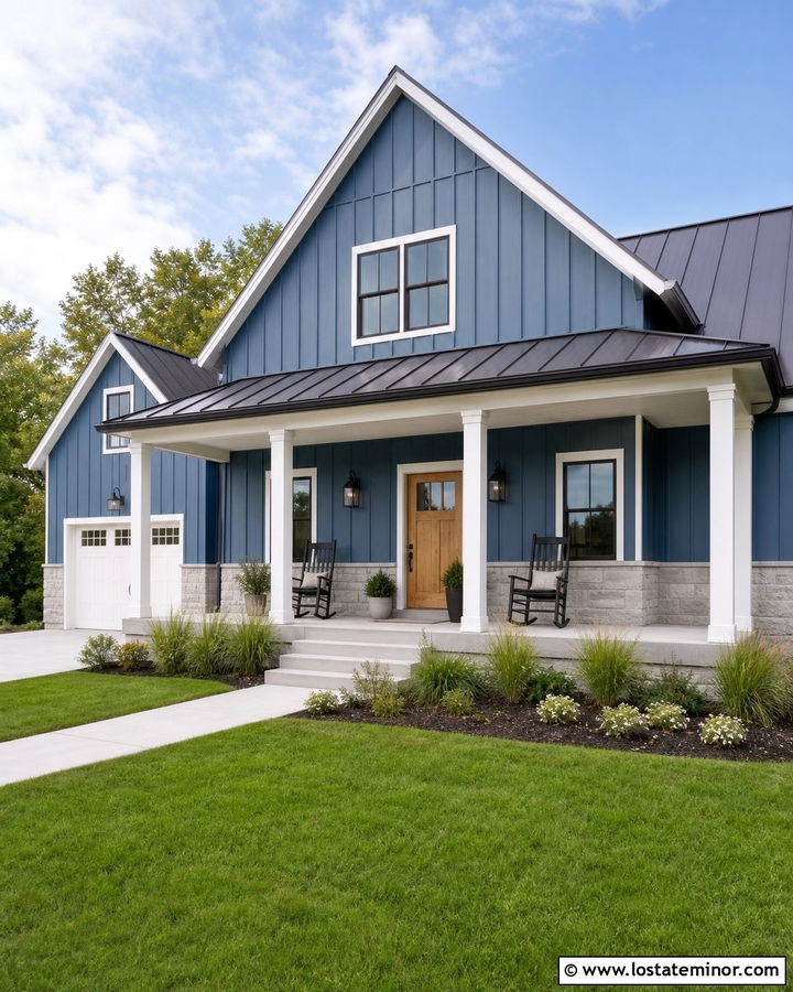 Denim Blue Farmhouse With White Porch Ceiling - 30 Denim Blue House Design With Porch Ceiling Ideas