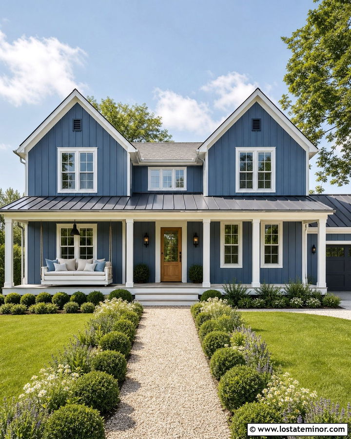 Denim Blue Farmhouse With White Porch Daybed - 30 Denim Blue House Design With Daybed Ideas