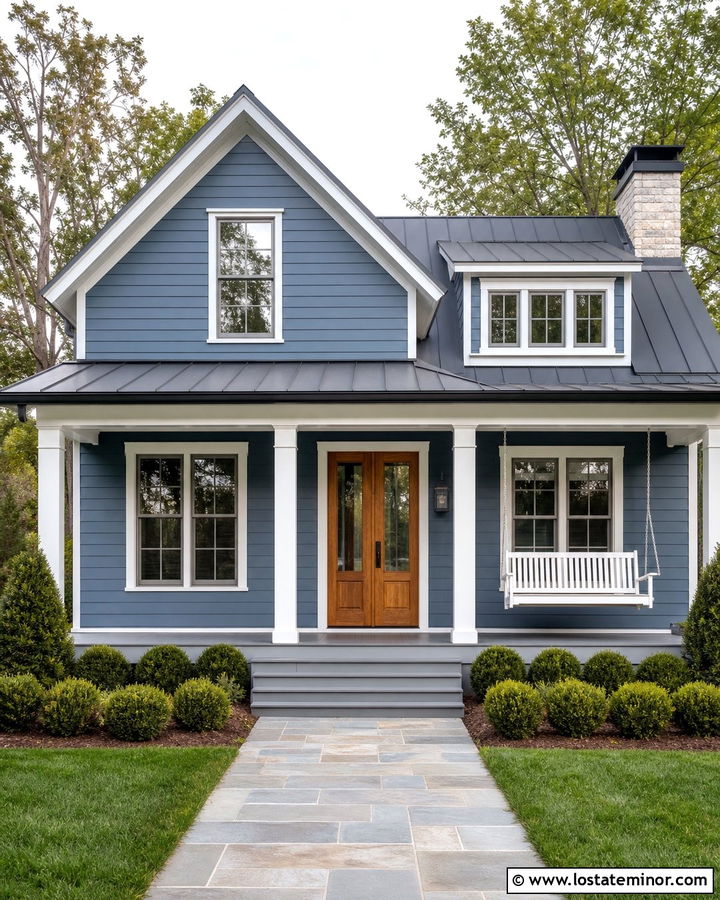 Denim Blue Farmhouse With White Porch Swing - 30 Denim Blue House Design With Swing Ideas