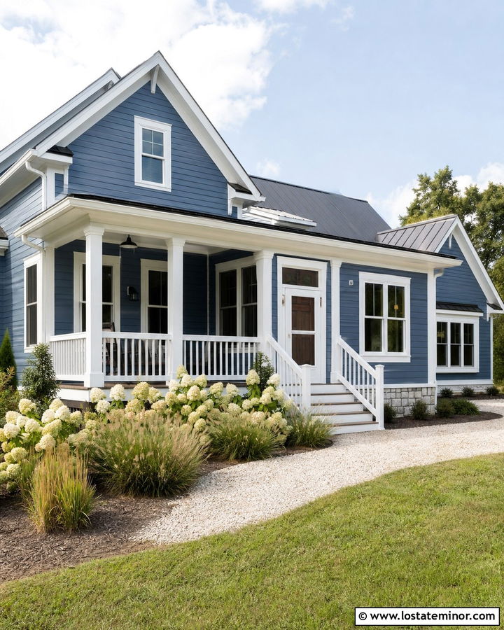 Denim Blue Farmhouse With White Screen Door - 30 Denim Blue House Design With Screen Door Ideas