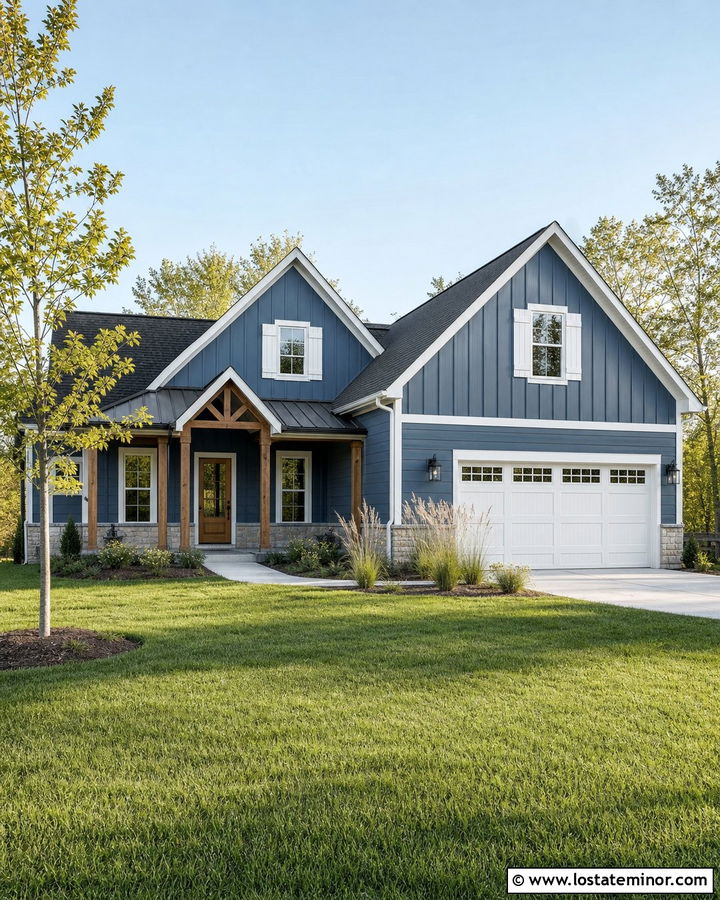 Denim Blue Farmhouse With White Shutters - 30 Denim Blue House Design With Shutters Ideas