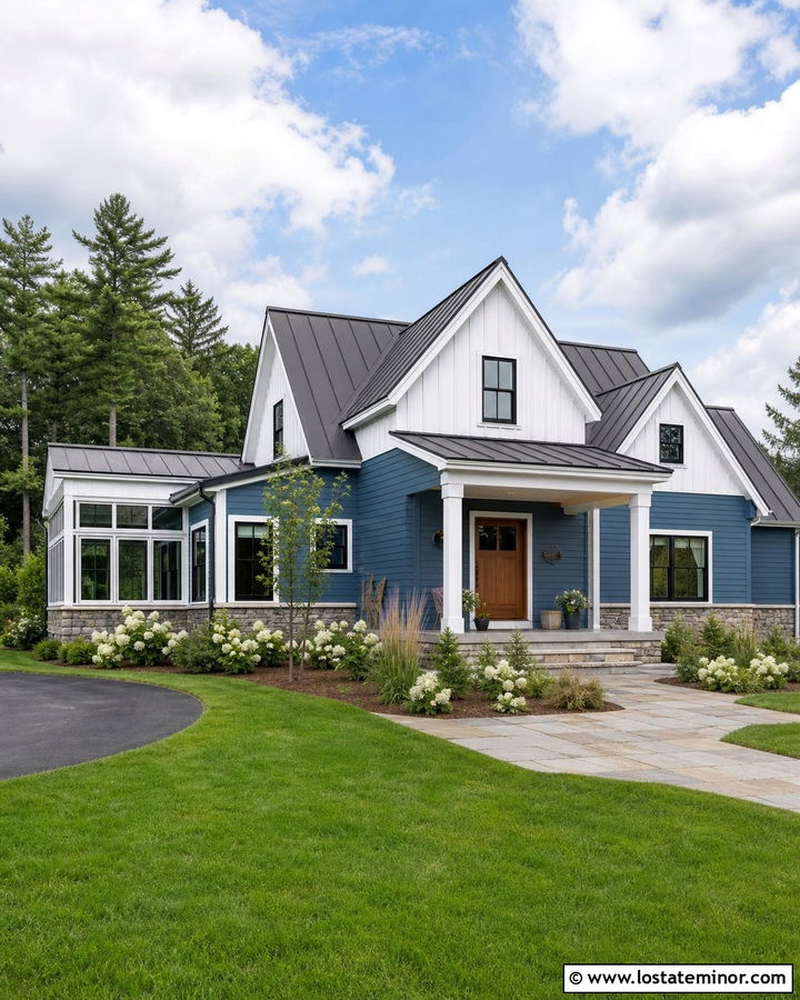 Denim Blue Farmhouse With White Sunroom - 30 Denim Blue House Design With Sunroom Ideas