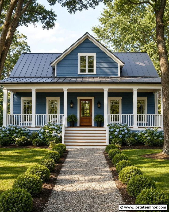 Denim Blue Farmhouse With Wide Front Deck - 30 Denim Blue House Design With Deck Ideas