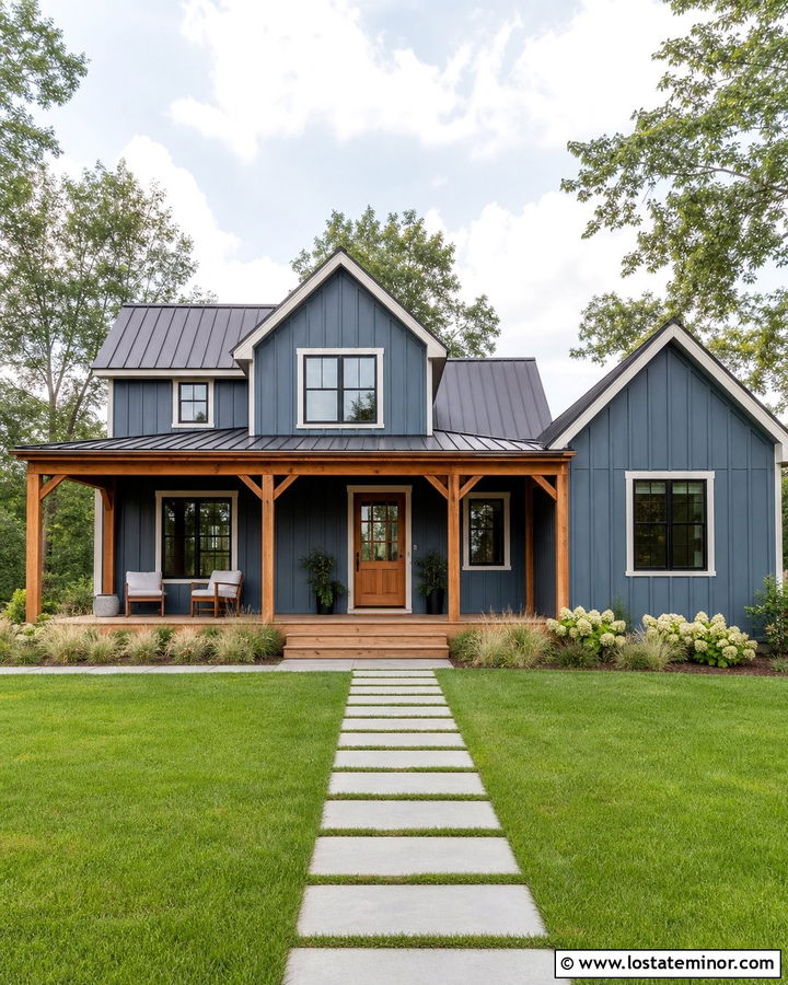 Denim Blue Farmhouse With Wood Front Porch - 30 Denim Blue House Design With Front Porch Ideas