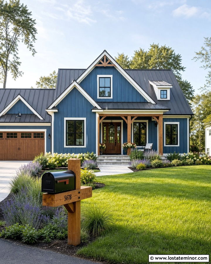 Denim Blue Farmhouse With Wood Mailbox Post - 30 Denim Blue House Design With Mailbox Ideas