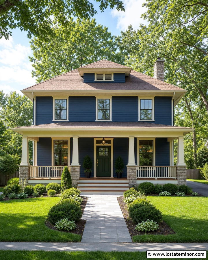 Denim Blue Foursquare House With Light Brown Shingles - 30 Denim Blue House Design With Shingles Ideas